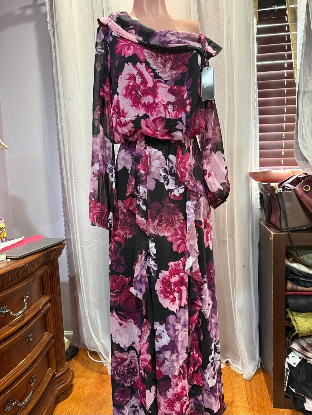 Xscape Black Maxi Dress with Pink and Purple Floral Print